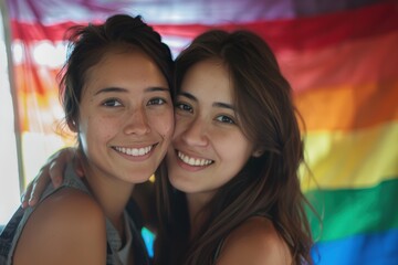 Smiling Lesbian Couple with Colorful Pride Flag. Generative AI.