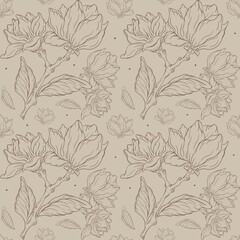 bashful pattern of brown magnolia flowers on a light brown background ideal for fabric printing