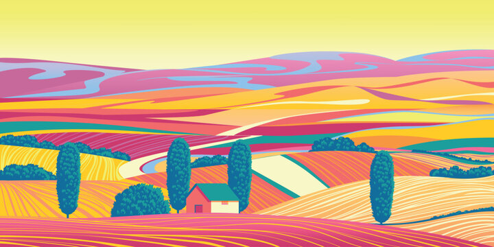 Vibrant Acid dreamlike rural landscape with farms, meadows, fields, trees and forests in the background. Handmade drawing vector illustration. Flat design. Can be used for banners, posters, etc.