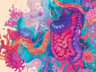Colorful abstract artwork depicting a vibrant and surreal representation of the human digestive system and surrounding flora.