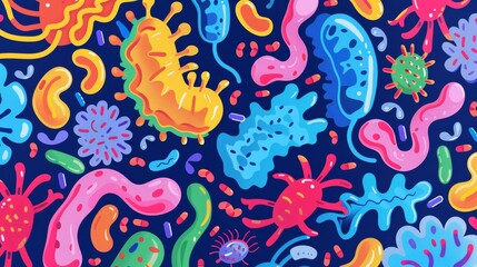 Colorful abstract illustration of various bacteria and microorganisms on a dark background, showcasing microscopic life and biodiversity.