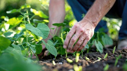 Person tending to plants in garden setting