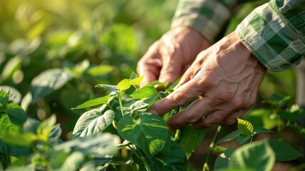 Close-up of person inspecting green plants in field