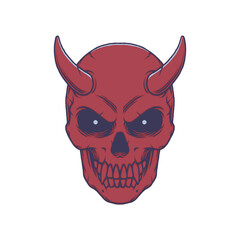 Devil skull head illustration. Red devil logo emblem vector. Isolated on white background.