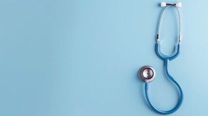 Stethoscope and medical equipment on light blue background