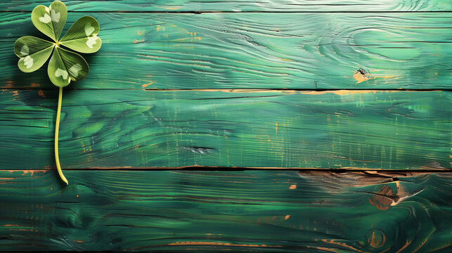 St. Patrick's Day clover leaf on green wooden background