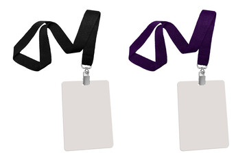 Plastic badge. Identity card with dark black, purple ribbon. Template for company employees, shows, events, concerts and speeches, speakers and organizers. on a transparent background, png