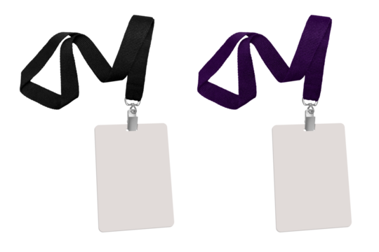 Plastic badge. Identity card with dark black, purple ribbon. Template for company employees, shows, events, concerts and speeches, speakers and organizers. on a transparent background, png