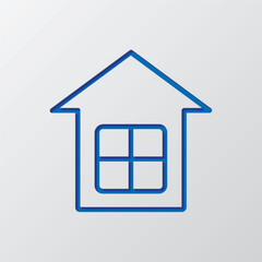 House simple icon. Flat design. Paper cut design. Cutted blue symbol with shadow. Gray background
