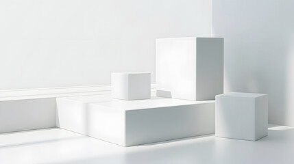 Minimalist white geometric shapes arrangement in bright light, perfect for modern design concepts and interior decoration ideas.