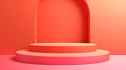 Obraz premium Minimalistic red and orange podium with archway background, perfect for modern presentations, product displays, and creative projects.