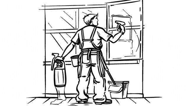 window cleaner cleaning window, black and white clip art preview