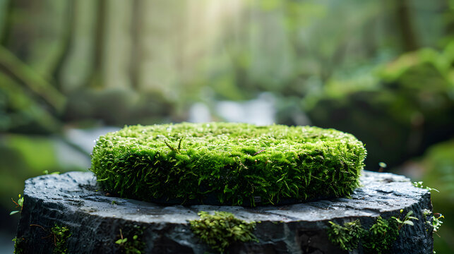 Close-up of a moss-covered tree stump in a lush, green forest with sunlight filtering through the trees in the background.