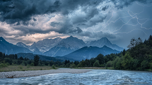 Thunderstorm over mountains with lightning and river
