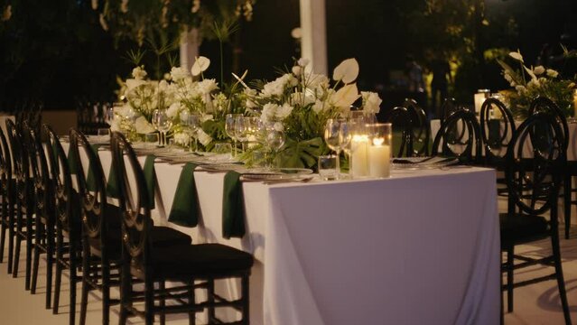 deceoration setting for beautiful event Decoration dinner set up Wedding decor candle catering dinner tabel luxury event. Close up Candlelight bright decoration romantic setting table dinner.