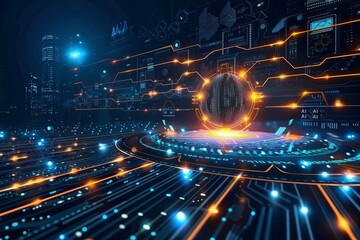 Fototapeta premium Futuristic city with AI data streams, representing advancements in smart city technology and digital integration.