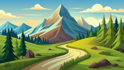 Hiking on the trails with a mountain in the distance, smooth lines, and landscape illustration.