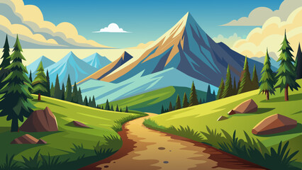 Hiking on the trails with a mountain in the distance, smooth lines, and landscape illustration. © Sumondesigner_42