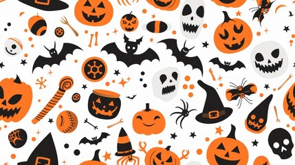 Fototapeta premium Playful Halloween pattern with skulls, bats, witches' hats, and pumpkins on a white background, creating a fun, spooky design.