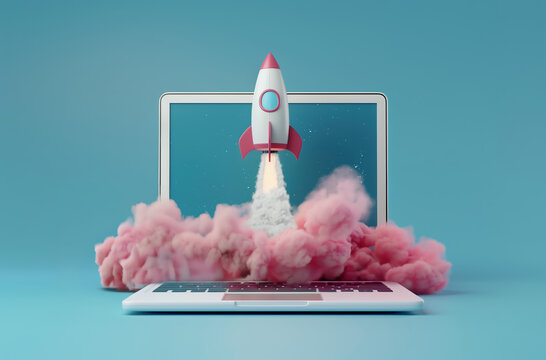 Lancement d'une fus&eacute;e spatiale &agrave; partir de l'&eacute;cran d'un ordinateur portable