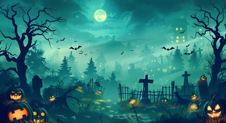 Obraz premium Spooky Halloween Graveyard with Jack o' Lanterns
