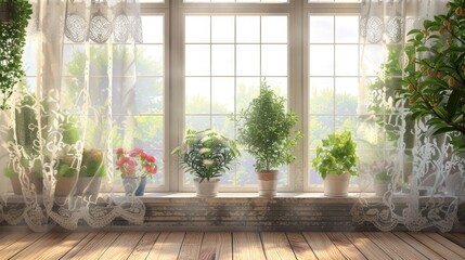 Elegant summer window with lace curtains and potted plants - Powered by Adobe