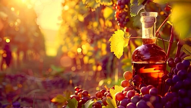 Bottles of brandy against the backdrop of a vineyard. Selective focus. drink.