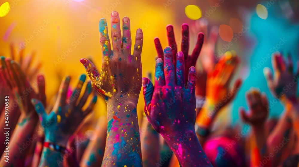 Wall mural colorful hands raised in the air at a holly festival celebration