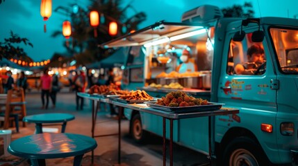 Colorful food truck at a lively night market, offering a variety of street food under hanging lanterns. Vibrant culinary street scene concept.