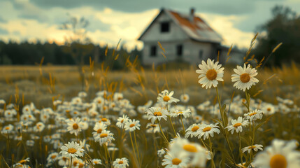 White flowers in a field with house in the background