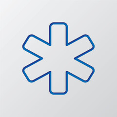 Medical symbol simple icon vector. Flat design. Paper cut design. Cutted blue symbol with shadow. Gray background