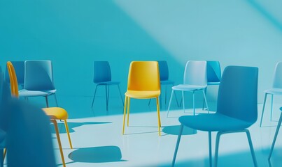 Fototapeta premium Yellow Chair in Spotlight Among Blue Chairs on Pastel Background