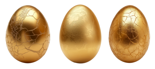 3 golden eggs with cracks on the surface, cut out.