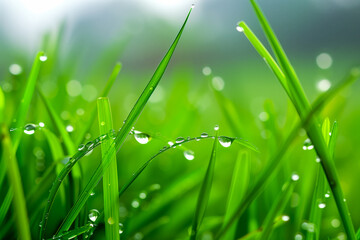 Fototapeta premium Dew-covered grass blades bending under the weight of the droplets, with the morning sunlight casting long shadows and creating a sense of serenity and tranquility in the natural world