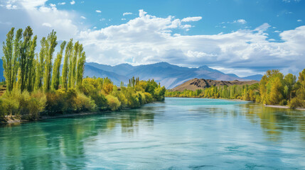 Obraz premium Scenic river with poplar trees and mountains under a blue sky