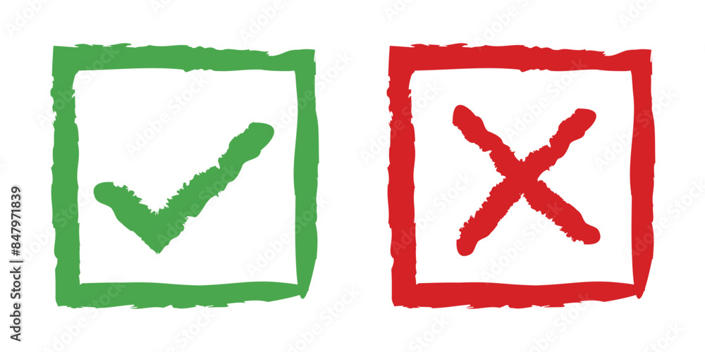Poster hand drawn tick and cross icon. brush stroke green and red checkbox symbol. vector illustration on t