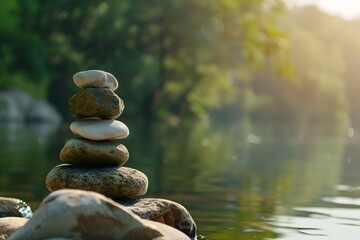 Balanced Stack of Stones by Water for Meditation and Balance