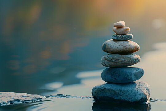 Balanced Stack of Stones by Water Representing Meditation