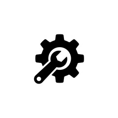 Black vector icon of a gear and wrench, symbolizing settings or repair