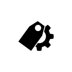 Black vector icon of a tag with a gear symbol, representing a concept of price or sale settings in commerce