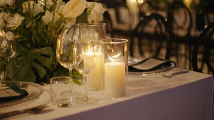deceoration setting for beautiful event Decoration dinner set up Wedding decor candle catering dinner tabel luxury event. Close up Candlelight bright decoration romantic setting table dinner.
