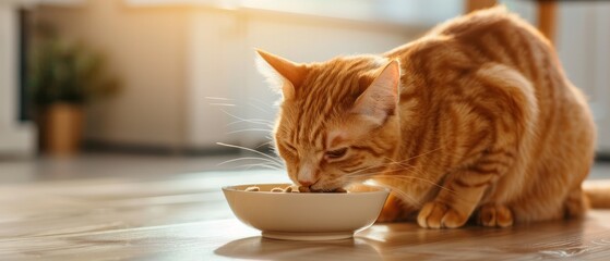 Orange Cat Eating Cat's Food from a Bowl