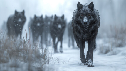 A pack of wolves approaching their prey, made with AI