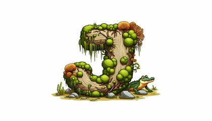 Letter J covered in lichen and moss grows on a rock, with an alligator walking around it