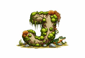 The letter J covered in lichen and moss grows on a rock, with an alligator walking around it