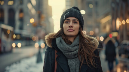 Young woman walking along a city street during winter dusk