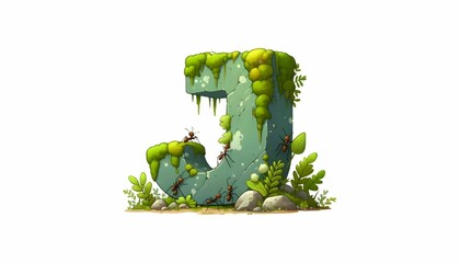 Letter J grows naturally from lichens and mosses on a rock in the forest as ants move around it.