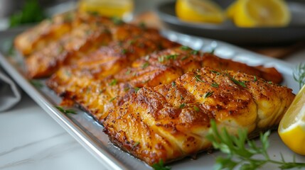 Close-up of delicious grilled salmon fillets garnished with fresh herbs on a metal baking tray, with lemon slices in the background