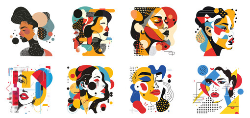 Fototapeta premium Set of woman portrait, Abstract art vector illustration poster with geometric minimal shapes and lines in muted colors, hand drawn doodle style
