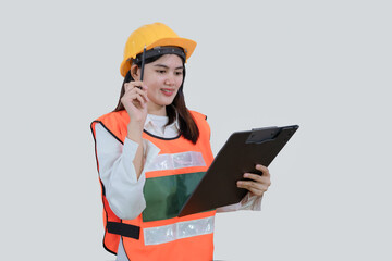 Asian engineer worker woman or architect with yellow safety helmet standing on isolated white background, construction concept, Engineer, Industry.